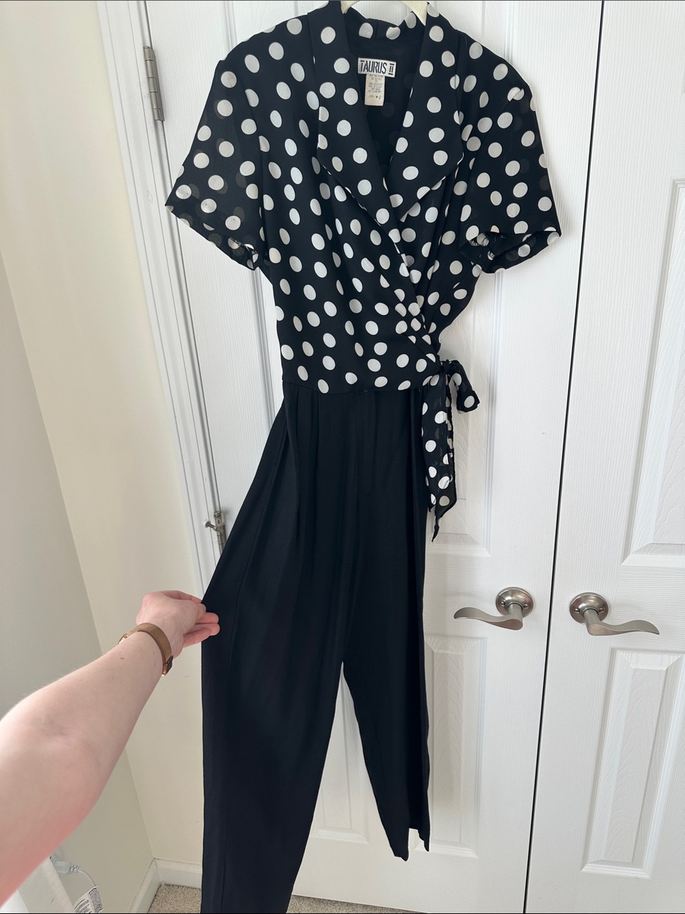 Vintage Taurius Black & White Polka Dot Wrap Jumpsuit